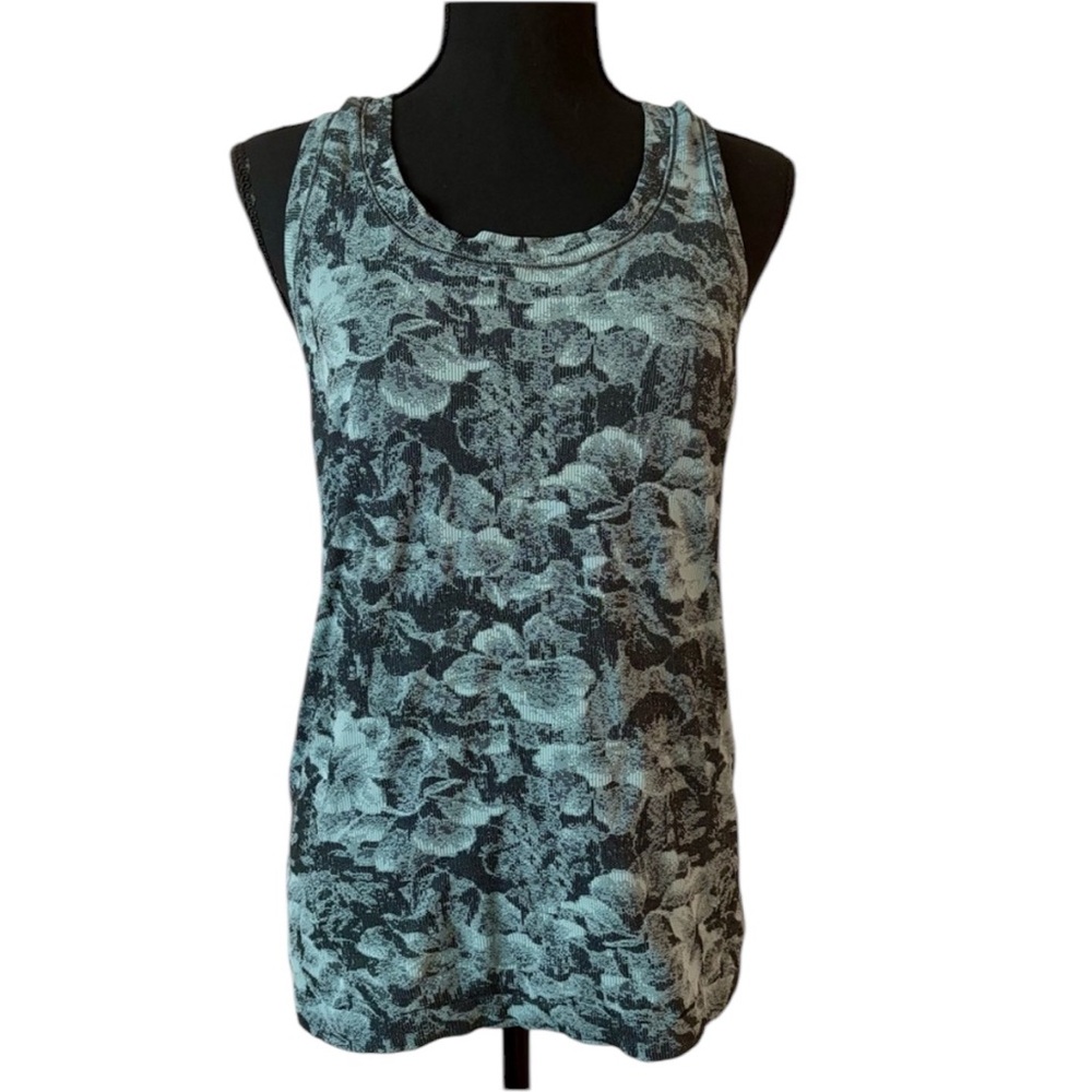 Athleta Momentum Stretch Floral Tank Top Racerback Teal Seamless Yoga Pilates